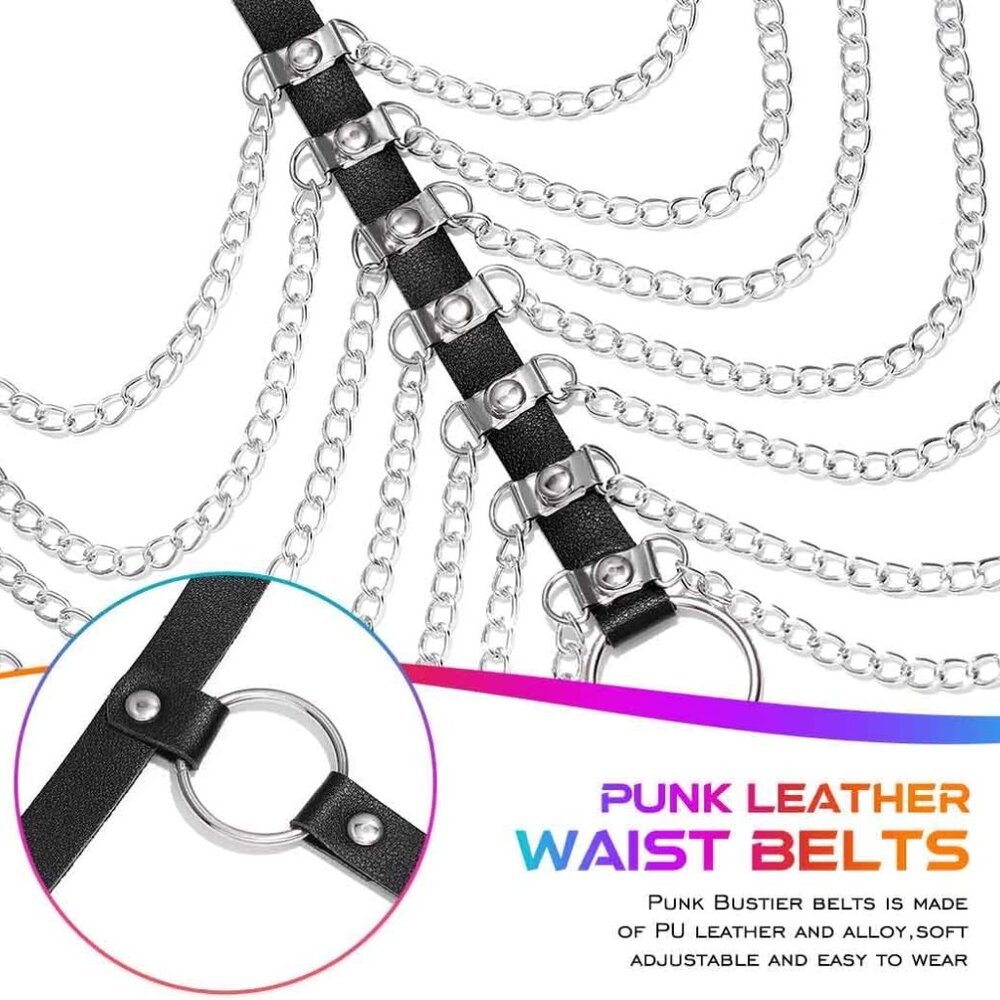 Punk Layered Body Chain Black Belt Leather Chest Chain Harness Choker Chain Body - Picture 5 of 7